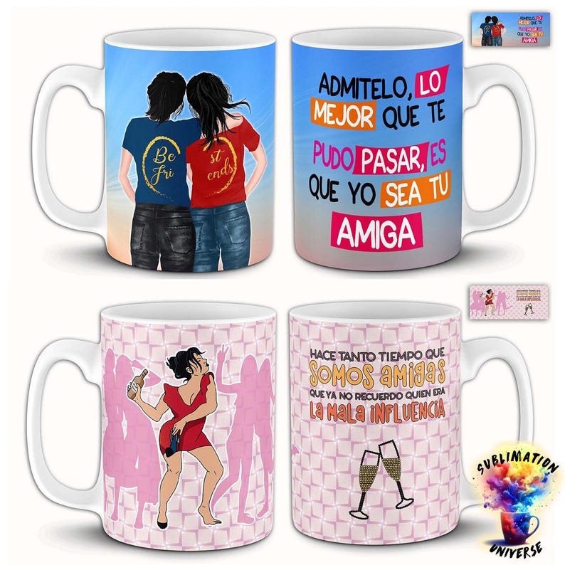 Pack Plantillas Amigas para Tazas 11oz y 15oz / Diseños PNG Frases de ...