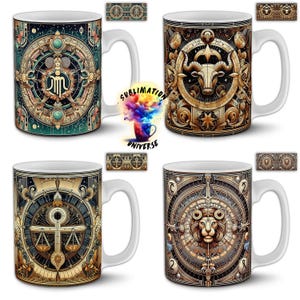 Pode incluir: Quatro canecas de cer&acirc;mica branca com intrincados desenhos do zod&iacute;aco. Cada caneca apresenta um s&iacute;mbolo astrol&oacute;gico diferente, incluindo Libra, Touro, Le&atilde;o e um quarto com um s&iacute;mbolo. As canecas t&ecirc;m al&ccedil;as brancas e s&atilde;o decoradas com tons dourados, verde-azulado e castanho.