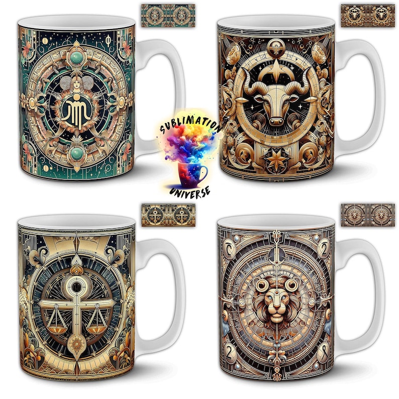Pode incluir: Quatro canecas de cer&acirc;mica branca com intrincados desenhos do zod&iacute;aco. Cada caneca apresenta um s&iacute;mbolo astrol&oacute;gico diferente, incluindo Libra, Touro, Le&atilde;o e um quarto com um s&iacute;mbolo. As canecas t&ecirc;m al&ccedil;as brancas e s&atilde;o decoradas com tons dourados, verde-azulado e castanho.