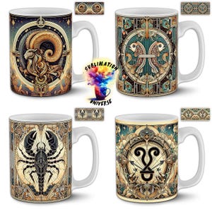 Pode incluir: Quatro canecas de cer&acirc;mica branca com desenhos de signos do zod&iacute;aco. Cada caneca apresenta um s&iacute;mbolo astrol&oacute;gico diferente em um estilo vintage detalhado. As canecas t&ecirc;m al&ccedil;as brancas e o texto "Sublimation Universe" tamb&eacute;m &eacute; vis&iacute;vel.