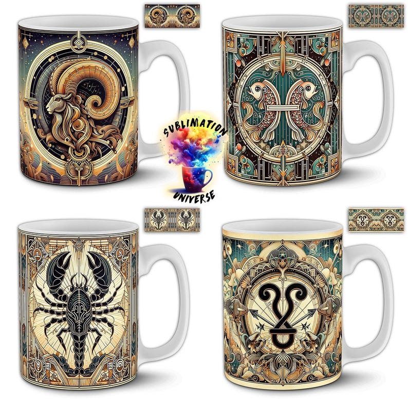Pode incluir: Quatro canecas de cer&acirc;mica branca com desenhos de signos do zod&iacute;aco. Cada caneca apresenta um s&iacute;mbolo astrol&oacute;gico diferente em um estilo vintage detalhado. As canecas t&ecirc;m al&ccedil;as brancas e o texto "Sublimation Universe" tamb&eacute;m &eacute; vis&iacute;vel.