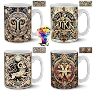 Pode incluir: Quatro canecas de cer&acirc;mica branca com desenhos de signos do zod&iacute;aco. Cada caneca apresenta um s&iacute;mbolo do zod&iacute;aco diferente em uma ilustra&ccedil;&atilde;o detalhada em estilo vintage com detalhes dourados e azuis. As canecas t&ecirc;m al&ccedil;as brancas e o texto "Sublimation Universe".