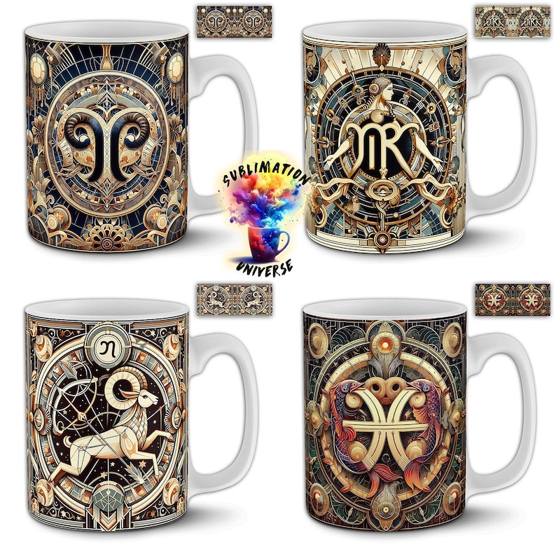 Pode incluir: Quatro canecas de cer&acirc;mica branca com desenhos de signos do zod&iacute;aco. Cada caneca apresenta um s&iacute;mbolo do zod&iacute;aco diferente em uma ilustra&ccedil;&atilde;o detalhada em estilo vintage com detalhes dourados e azuis. As canecas t&ecirc;m al&ccedil;as brancas e o texto "Sublimation Universe".