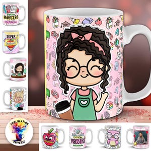 May include: White ceramic mug featuring a cartoon teacher with glasses, holding a coffee cup, and surrounded by school-themed illustrations on a pink background. Additional mugs with various designs are also visible.