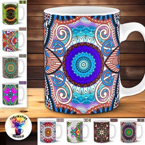 May include: White ceramic coffee mugs with colorful mandala designs. The mugs feature intricate patterns in shades of blue, orange, purple, and green. The image includes multiple mugs with different mandala patterns, showcasing a variety of styles.