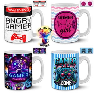 Peut inclure: Quatre mugs en c&eacute;ramique blanche avec des motifs sur le th&egrave;me des jeux vid&eacute;o. L'un des mugs affiche le texte "WARNING ANGRY GAMER" et une manette rouge. Un autre affiche "GAMER girl" dans un cercle rose. Le troisi&egrave;me mug a le texte "GAMER PLAY&WIN". Le dernier mug a "GAMER ZONE".