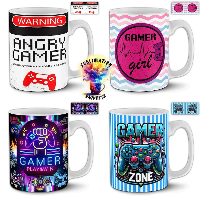 Peut inclure: Quatre mugs en c&eacute;ramique blanche avec des motifs sur le th&egrave;me des jeux vid&eacute;o. L'un des mugs affiche le texte "WARNING ANGRY GAMER" et une manette rouge. Un autre affiche "GAMER girl" dans un cercle rose. Le troisi&egrave;me mug a le texte "GAMER PLAY&WIN". Le dernier mug a "GAMER ZONE".