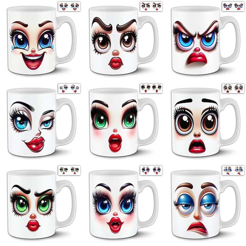 Funny Women Face Mug Designs | 30 PNG 11oz & 15oz Sublimation Wraps ...