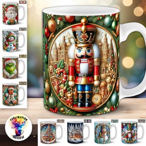 May include: White ceramic mug featuring a detailed illustration of a nutcracker soldier in a gold-framed oval, surrounded by Christmas ornaments and a festive green background. Additional mugs with holiday characters are also shown.