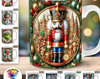 Glossy 3D Christmas Mug Designs | 30 Santa, Grinch, Snowman, Nutcracker, Tree Wraps | Winter Holiday 11oz PNG Sublimation Bundle | POD-ready