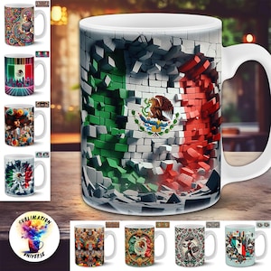 以下が含まれることがあります： メキシコをテーマにした白いセラミックマグのコレクション。1つのマグは、緑、白、赤の色でレンガの壁を突き破るメキシコ国旗を表示しています。他のマグは、多様なメキシコ風のデザインが特徴です。温かい飲み物に最適です。