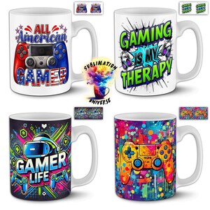Peut inclure: Mugs en c&eacute;ramique blanche avec des motifs sur le th&egrave;me des jeux vid&eacute;o. L'un des mugs pr&eacute;sente une manette rouge, blanche et bleue avec "ALL AMERICAN GAMER". Un autre dit "GAMING IS MY THERAPY". D'autres mugs ont "GAMER LIFE" et une manette color&eacute;e.