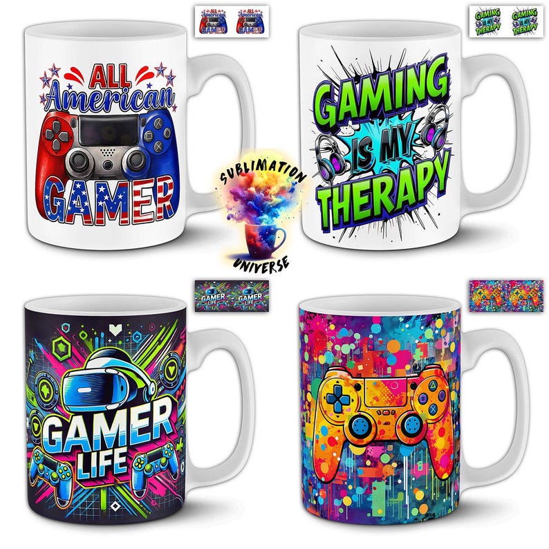 Peut inclure: Mugs en c&eacute;ramique blanche avec des motifs sur le th&egrave;me des jeux vid&eacute;o. L'un des mugs pr&eacute;sente une manette rouge, blanche et bleue avec "ALL AMERICAN GAMER". Un autre dit "GAMING IS MY THERAPY". D'autres mugs ont "GAMER LIFE" et une manette color&eacute;e.
