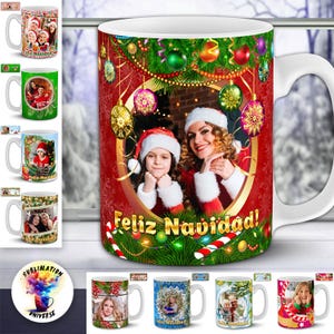 Plantillas Navideñas PNG för Tazas 11oz | 34 Diseños con Marco para Foto Personalisable | Kit Digital Sublimación Feliz Navidad en Español
