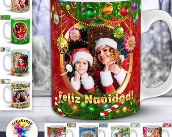 Plantillas Navideñas PNG för Tazas 11oz | 34 Diseños con Marco para Foto Personalisable | Kit Digital Sublimación Feliz Navidad en Español