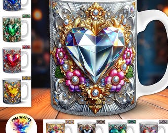 Gemstone Heart Mug Designs | 40 Jewelry Style 11oz Sublimation Wraps | 3D Floral Gold & Silver Luxury PNG Bundle | Romantic Gift