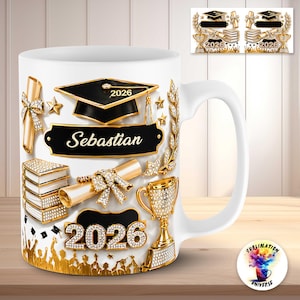 May include: White ceramic graduation mug featuring gold and diamond-like embellishments. The mug includes a graduation cap, diploma, books, and a trophy. The name "Sebastian" and the year "2026" are prominently displayed.
