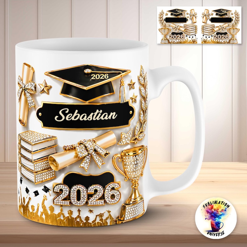 May include: White ceramic graduation mug featuring gold and diamond-like embellishments. The mug includes a graduation cap, diploma, books, and a trophy. The name "Sebastian" and the year "2026" are prominently displayed.