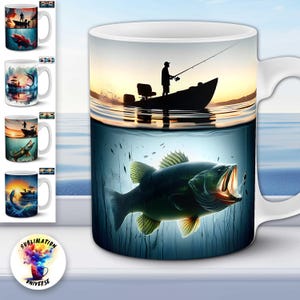 Può includere: Tazza in ceramica bianca a tema pesca. Il design mostra un pescatore in barca al tramonto sopra un grosso pesce sott'acqua. La tazza ha un manico bianco e le parole "Sublimation Universe" in basso.