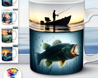 de Mugs de pêche | 6 emballages pour sublimation bateau et poisson, 11 oz | Achigan, truite et morsure sous-marine d'espadon PNG | Cadeau du pêcheur Pêcheur prêt pour le POD