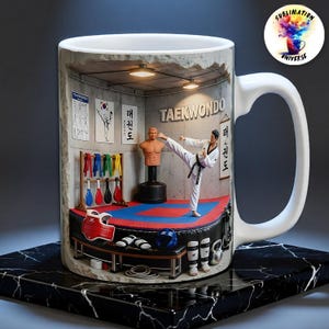 May include: White ceramic mug with a 3D Taekwondo design. The image shows a training area with a figure kicking, a punching dummy, and martial arts equipment. The mug has a white handle and sits on a black marble-effect base.