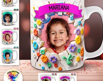 Canecas com Foto Fragmentada em 3D | 7 Modelos Personalizáveis de 325ml para Sublimação | Foto Infantil no Centro | Pacote de Templates para Presente em PSD e PNG