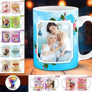 Peut inclure: Plusieurs tasses en céramique blanche avec divers motifs, dont des photos et des motifs floraux. Certaines tasses comportent les mots "Mama" et "Feliz Dia". Les tasses sont décorées d'images de personnes et de fleurs, parfaites pour offrir.