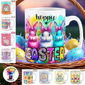 May include: White ceramic mug with a colorful Easter design. The mug features three bunnies with pink bows and the word "Easter". Other mugs with Easter themes are also visible, including "Happy Easter" and "Easter Vibes".