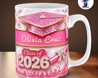 Pink Graduation Mug Wraps | Elegant Customizable Glam 11oz & 15oz PNG Sublimation Designs | Luxury Bling look