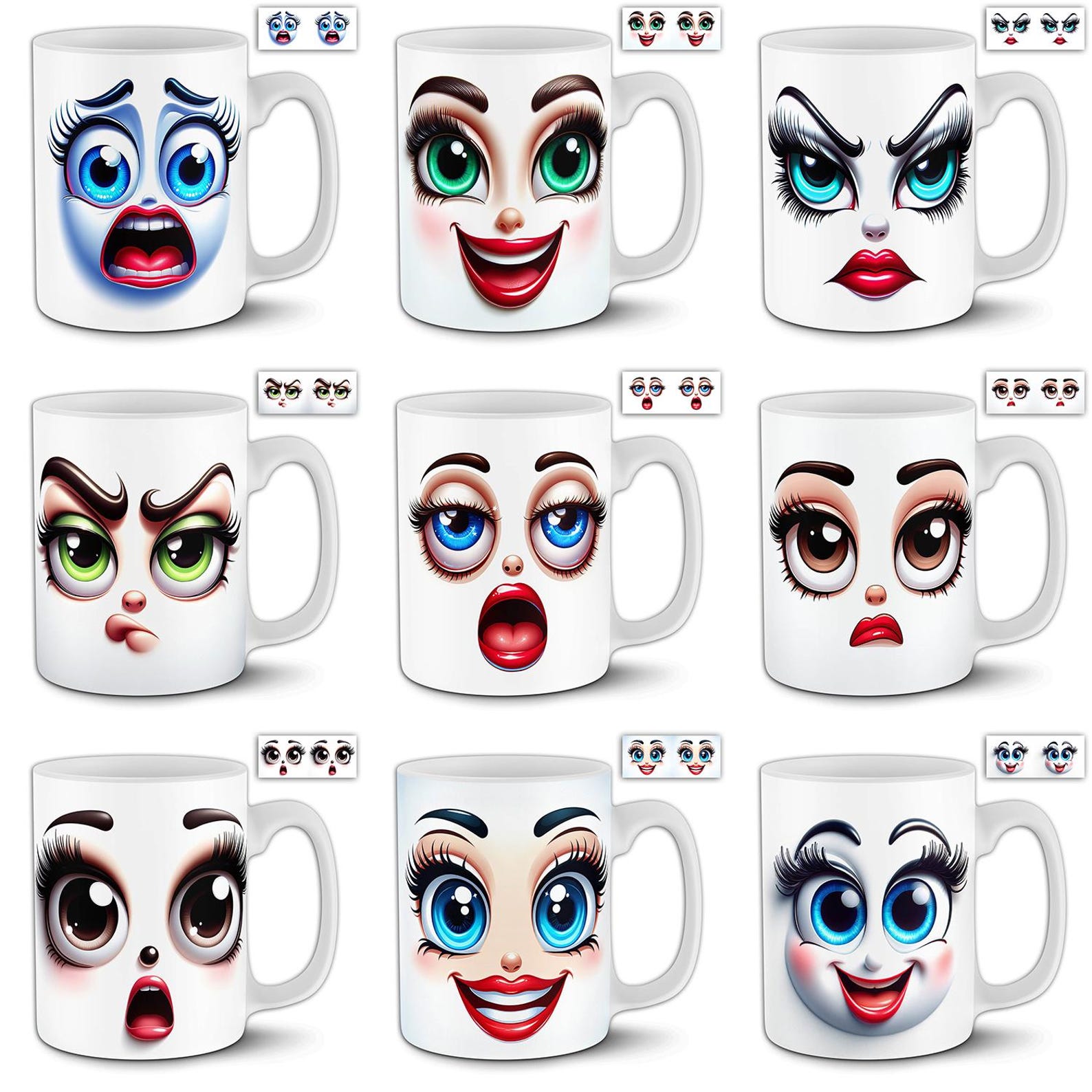 Funny Women Face Mug Designs | 30 PNG 11oz & 15oz Sublimation Wraps ...