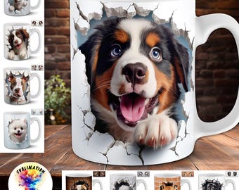 Dog Mug Design Bundle | 90+ 3D Dog Breed 11oz Sublimation Wraps | Cracked Broken Mug Effect | Peeking Puppy Canine POD-ready Templates