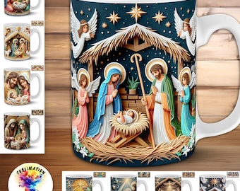3D Nativity Mug Designs | 12 Christian Holiday 11oz Sublimation Wraps | Christmas Scene PNG Bundle | Holy Family Art Craft & POD-ready