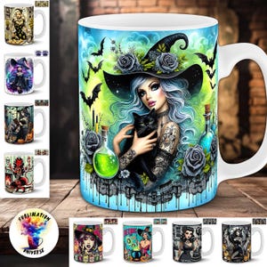 May include: White ceramic mug featuring a witch with blue hair, a black cat, and roses. The design includes bats, potion bottles, and a witch hat. The mug has a white handle and is part of a set of similar mugs.