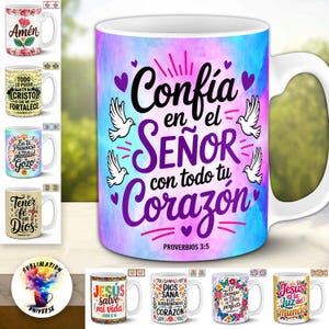 Diseños png-bestanden weergeven Bijbelteksten voor Tazas 11oz | 15 inspirerende passages | Kit Digital Sublimación en Español