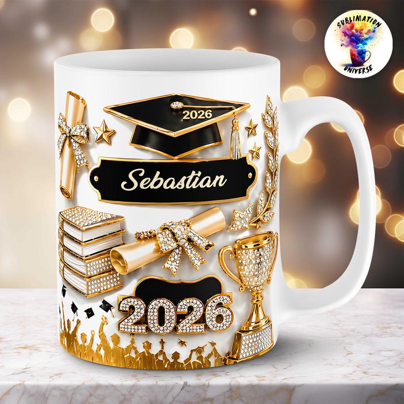 May include: White ceramic graduation mug featuring gold and diamond-like embellishments. The design includes a graduation cap, diploma, books, trophy, and the name "Sebastian" with the year "2026". The mug has a white handle and a gold rim.
