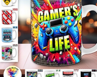Gamer Mug PNG Bundle | Video Game Controller 11oz Wraps | 16 Gamer Life, Angry Gamer, Gamer Zone Sublimation Designs | POD Templates