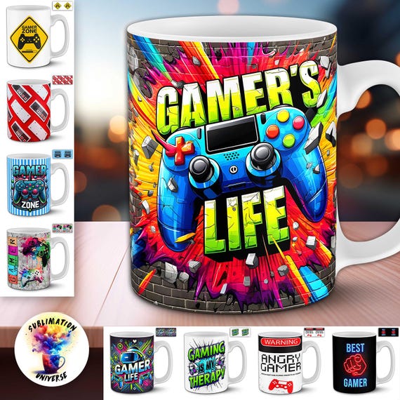 Gamer Mug PNG Bundle | Video Game Controller 11oz Wraps | 16 Gamer Life, Angry Gamer, Gamer Zone Sublimation Designs | POD Templates