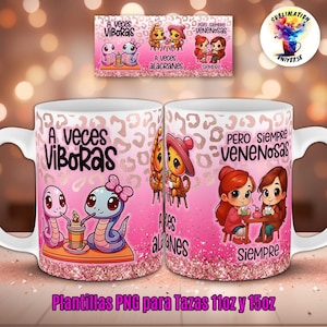 Puede incluir: Taza de cerámica blanca con diseño de estampado de leopardo rosa. La taza presenta ilustraciones de dibujos animados de serpientes, escorpiones y chicas, junto con las frases "A Veces Viboras", "A Veces Alacranes" y "Pero Siempre Venenosas". También se ve el texto "Plantillas PNG para Tazas 11oz y 15oz".