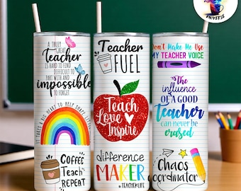 Teacher Tumbler PNG | Teach Love Inspire 20oz Skinny Sublimation Wrap | Teacher Appreciation Phrases PNG | For Crafters and POD