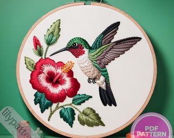 Hummingbird & Hibiscus Hand Embroidery Pattern — Tropical Hoop PDF, DMC Colors, Multilingual Guide (English, Spanish, French, German)