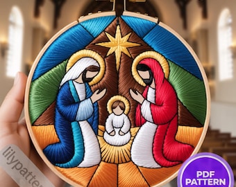 Nativity Scene Hand Embroidery Pattern Holy Family & Star Hoop PDF, Christmas Decor, DMC Colors, Multilingual Beginner Guide ( En/Es/Fr/De)