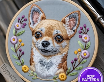 Chihuahua Dog Portrait Hand Embroidery Pattern — Floral Hoop PDF, Pet Lover Gift, DMC Colors, Multilingual Beginner Guide (En, Sp, Fr, Ge)