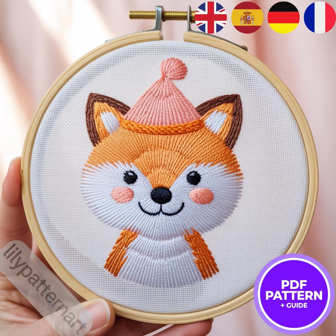 Party Fox Embroidery Pattern Design — Cute Animal Hoop PDF, Birthday ...