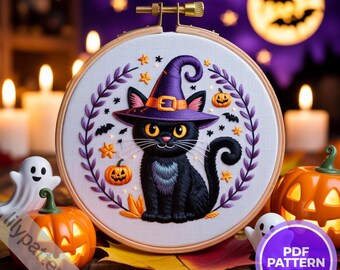 Halloween Black Cat with Witch Hat Hand Embroidery Pattern — Pumpkin Hoop PDF, DMC Colors, Multilingual Beginner Guide (En/Es/Fr/De)