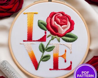 LOVE Rose Hand Embroidery Pattern — Romantic Floral Hoop PDF, DMC Colors, Multilingual Beginner Guide (En/Es/Fr/De)