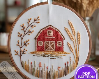Red Barn Farmhouse Hand Embroidery Pattern — Rustic Hoop PDF, DMC Colors, Multilingual Beginner Guide (English, Spanish, français, German)