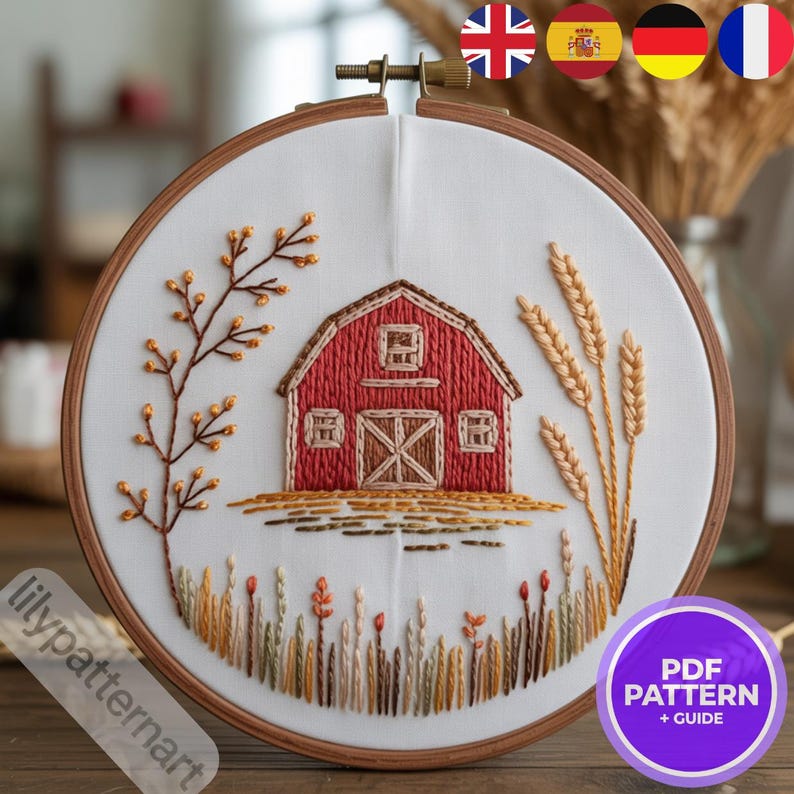 Red Barn Farmhouse Hand Embroidery Pattern — Rustic Hoop PDF, DMC ...