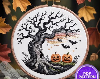 Spooky Halloween Tree with Pumpkins & Bats — Hand Embroidery Pattern PDF, DMC Colors, Multilingual Beginner Guide (En / Es / Fr / De)