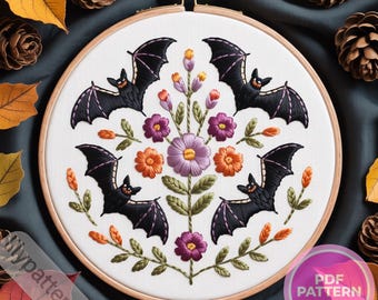 Halloween Bats & Floral Wreath Hand Embroidery Pattern — Spooky Hoop PDF, DMC Colors, Multilingual Guide (English, Spanish, français, German)