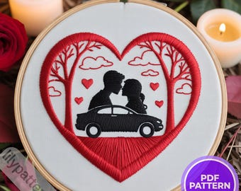 Romantic Couple in Car Heart Hand Embroidery Pattern — Love Hoop PDF, DMC Colors, Multilingual Beginner Guide (En/Es/Fr/De)